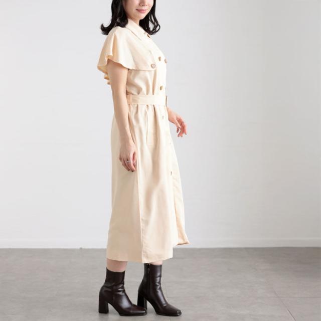 春新作 大きいサイズ レディース ワンピース トレンチ風ケープスリーブワンピース ケープ袖 フレアスリーブ 半袖 トレンチ 襟 ボタン ベルト付き ウエストマーク Iライン 上質 通勤 無地 ゆったり 夏服 秋服 L LL 2L 3L 4L ベージュ ゴールドジャパン ルワンユー ruwanyu