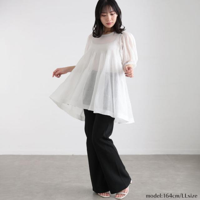春新作 大きいサイズ レディース トップス チュニック ブラウス シアー半袖ティアードチュニック シアー パフスリーブ 半袖 フレア 肌見せ 透け感 カジュアル 無地 着映え レイヤード ゆったり 夏服 秋服 L LL 2L 3L 4L ホワイト 白 ゴールドジャパン ルワンユー ruwanyu_3