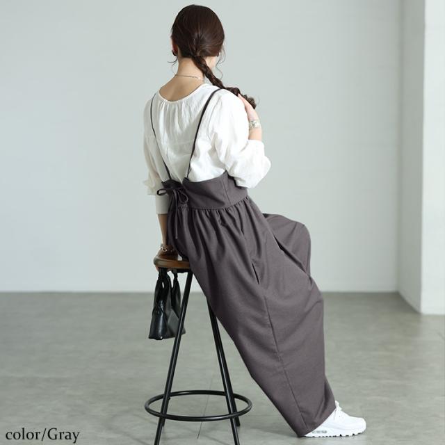 春新作 大きいサイズ レディース パンツ オールインワン サロペット バックリボンサロペットパンツ サロペットパンツ ワイド ロング サロペット サロペ ボトムス ズボン ポケット リボン ポケット ギャザー 春服 夏服 秋服 冬服 LL 2L 3L 4L 5L グレー ゴールドジャパン_6
