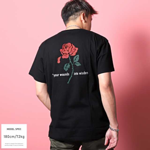 Tシャツ メンズ 半袖 薔薇 ロゴ 刺繍 バックプリント クルーネック