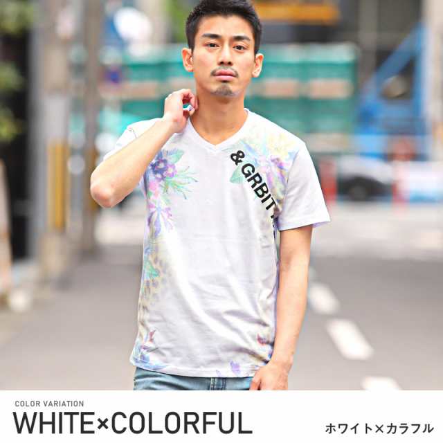 Tシャツ メンズ 半袖 Vネック ボタニカル レオパード プリント ロゴ 花