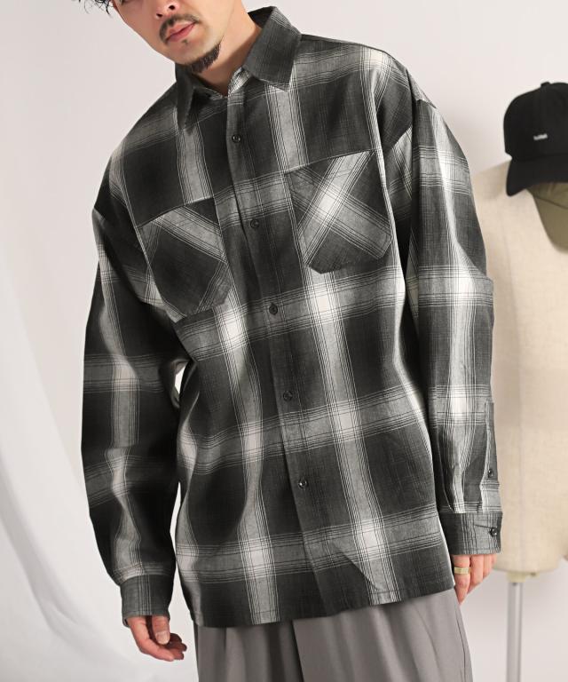 長袖シャツ メンズ オンブレチェック ビッグシルエット 総柄