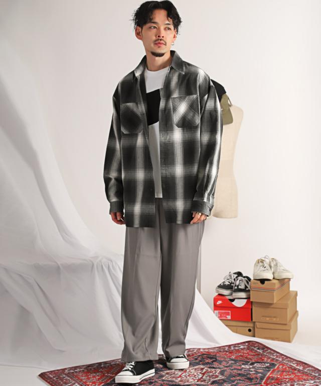 長袖シャツ メンズ オンブレチェック ビッグシルエット 総柄