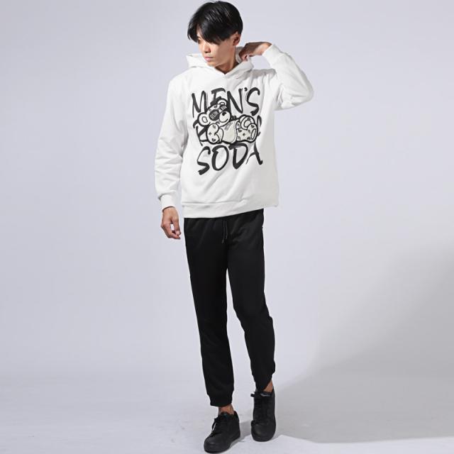 パーカー メンズ 長袖 フーディ— クマ ロゴ ワッペン プリント