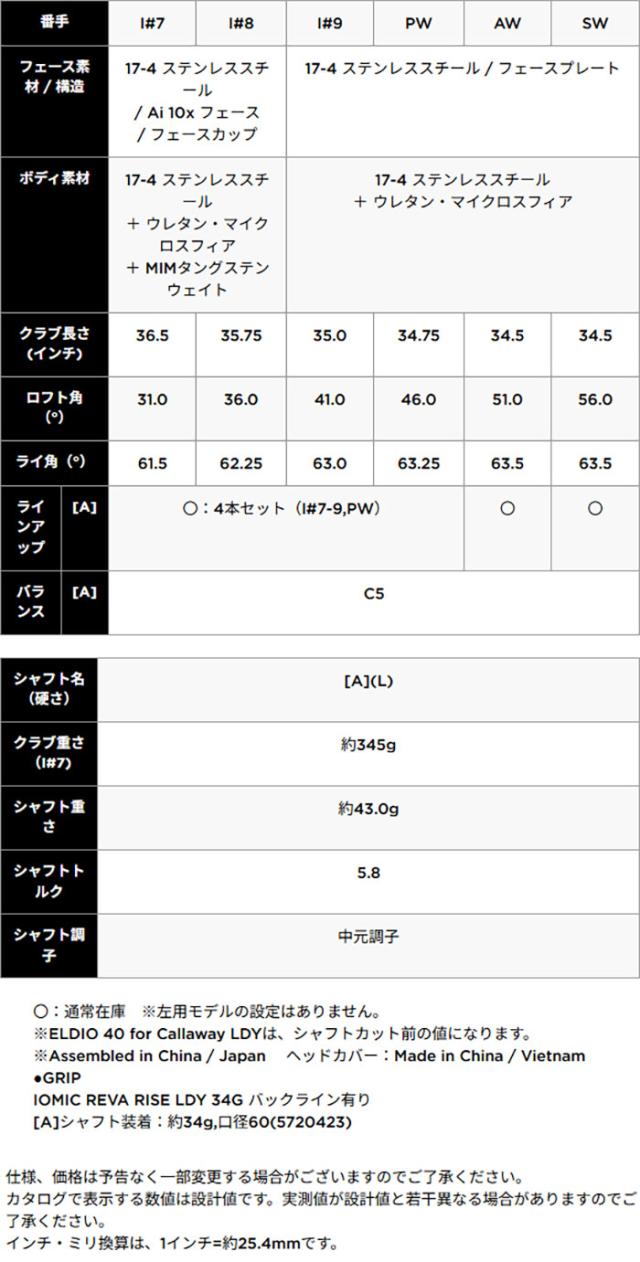 【レディース】キャロウェイ REVA RISE WOMEN'S アイアン 4本セット（I#7〜9、PW） ELDIO 40 for Callawayシャフト 2025年モデル[日本仕様][Callaway][レヴァ ライズ]_6