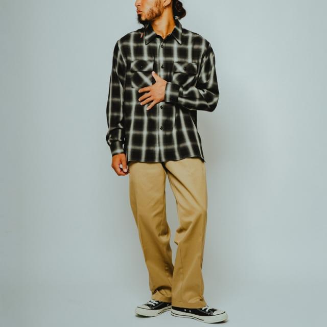 ビッグマイク メンズ チェックシャツ BIG MIKE レーヨン ミックス オンブレ スリット ロングスリーブ シャツ Rayon Mix Ombre Slit L/S Shirts BLK×WHT 春 秋 薄手 102615200_1