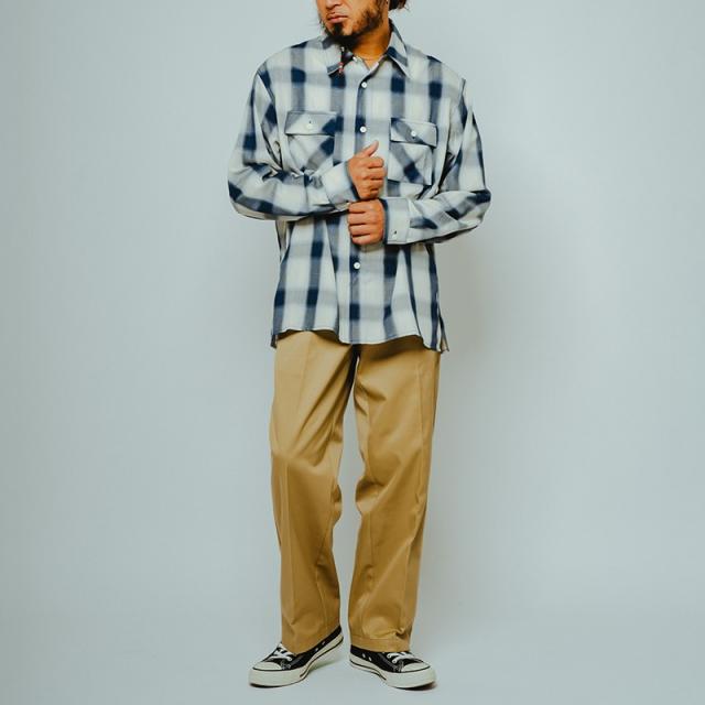 ビッグマイク メンズ チェックシャツ BIG MIKE レーヨン ミックス オンブレ スリット ロングスリーブ シャツ Rayon Mix Ombre Slit L/S Shirts WHT×BLUE 春 秋 薄手 102615201_1