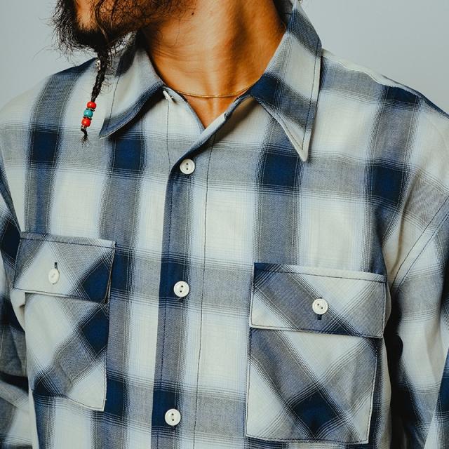 ビッグマイク メンズ チェックシャツ BIG MIKE レーヨン ミックス オンブレ スリット ロングスリーブ シャツ Rayon Mix Ombre Slit L/S Shirts WHT×BLUE 春 秋 薄手 102615201_3