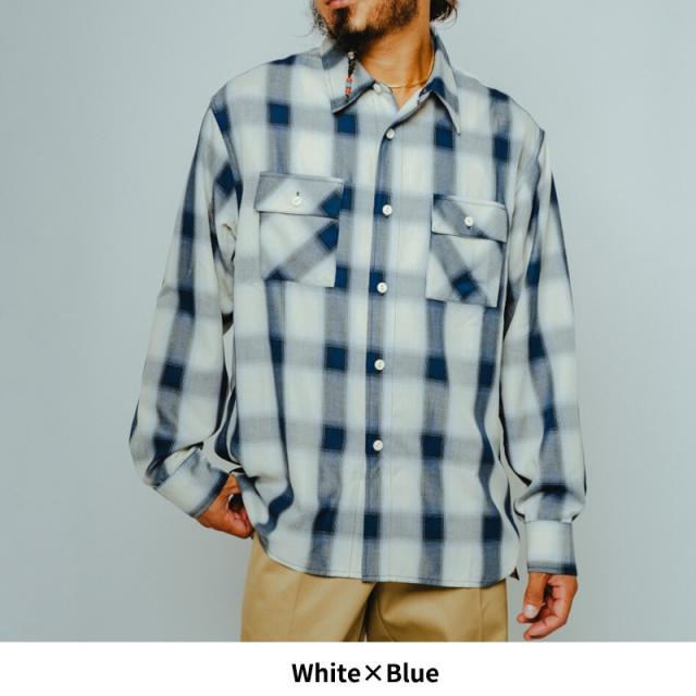 ビッグマイク メンズ チェックシャツ BIG MIKE レーヨン ミックス オンブレ スリット ロングスリーブ シャツ Rayon Mix Ombre Slit L/S Shirts WHT×BLUE 春 秋 薄手 102615201_6
