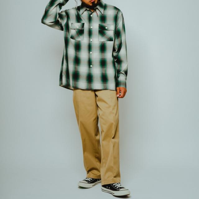 ビッグマイク メンズ チェックシャツ BIG MIKE レーヨン ミックス オンブレ スリット ロングスリーブ シャツ Rayon Mix Ombre Slit L/S Shirts WHT×GRN×BLK 春 秋 薄手 102615202_1