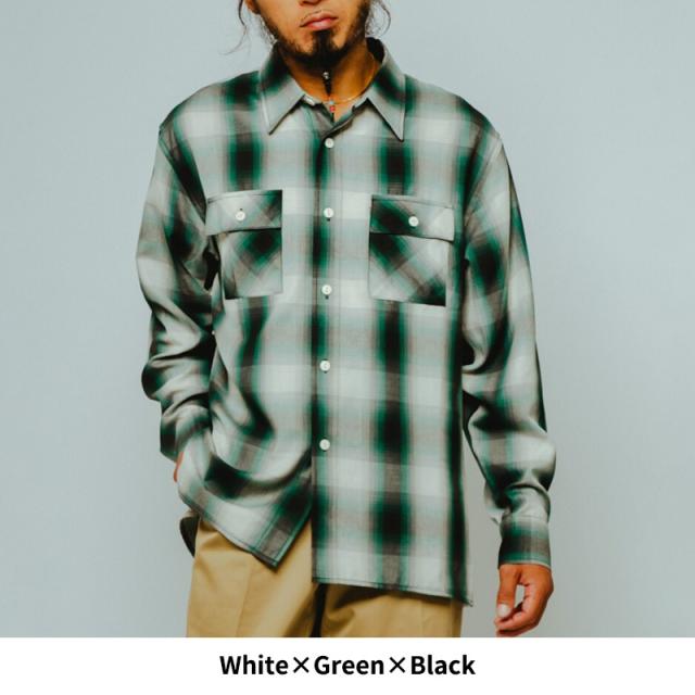 ビッグマイク メンズ チェックシャツ BIG MIKE レーヨン ミックス オンブレ スリット ロングスリーブ シャツ Rayon Mix Ombre Slit L/S Shirts WHT×GRN×BLK 春 秋 薄手 102615202_6