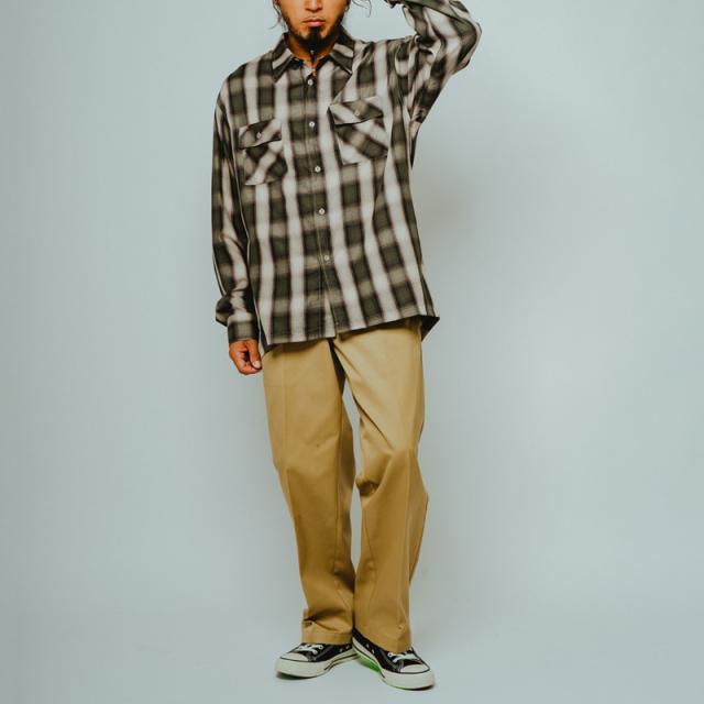 ビッグマイク メンズ チェックシャツ BIG MIKE レーヨン ミックス オンブレ スリット ロングスリーブ シャツ Rayon Mix Ombre Slit L/S Shirts GRY×PINK 春 秋 薄手 102615204_1