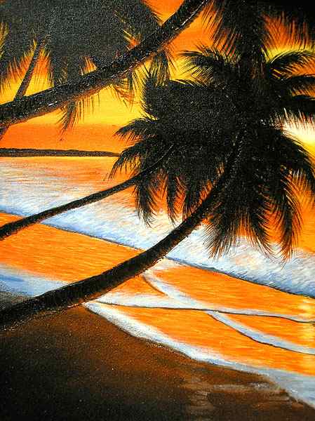 バリアート絵画L横M.Santo 『椰子の木とサンセットビーチ』 [額横約