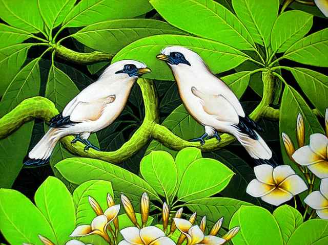 バリ アート絵画 M 縦 森の小鳥達 白 赤花 おしゃれな インテリア