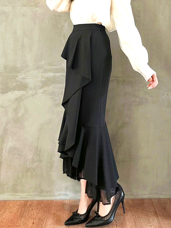 RESEXXY リゼクシー スカート ロング 秋 冬 シアー プリーツ カスケード マーメイド スカート アシンメトリー シアープリーツ ラッフルデザイン 152460863001