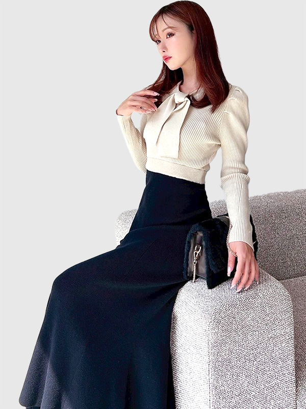 RESEXXY リゼクシー ボウタイ マーメイド ニット ワンピース マーメイドワンピース ボウタイデザイン ハイウエスト 152560361001 Bowtie Mermaid Knit Dress