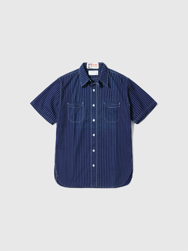 SUGAR CANE シュガーケーン シャツ 半袖 FICTION ROMANCE 8.5oz. WABASH STRIPE WORK SHIRT SHORT SLEEVE インディゴ ウォバッシュ 日本製 東洋 SC36267