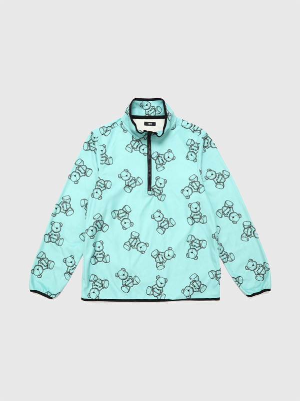 TMT フリース ジャケット レディース メンズ ハーフジップ 日本製 TMT ベア 総柄 ターコイズ ブルー PATTERNED FLEECE TMT BEAR ティーエムティー インナー TSWF2403