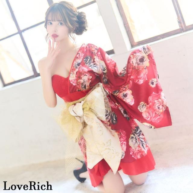 LoveRich ラブリッチ アシンメトリー ワンショル レース 花柄 ミニ 豪華 帯 花魁 着物 ドレス コスプレ イベント ハロウィン キャバドレス [0927]_5