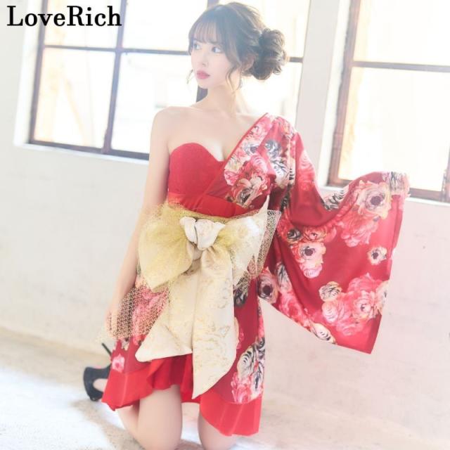 LoveRich ラブリッチ アシンメトリー ワンショル レース 花柄 ミニ 豪華 帯 花魁 着物 ドレス コスプレ イベント ハロウィン キャバドレス [0927]_7