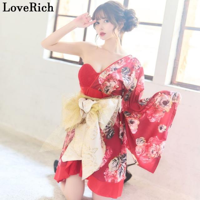 LoveRich ラブリッチ アシンメトリー ワンショル レース 花柄 ミニ 豪華 帯 花魁 着物 ドレス コスプレ イベント ハロウィン キャバドレス [0927]_8