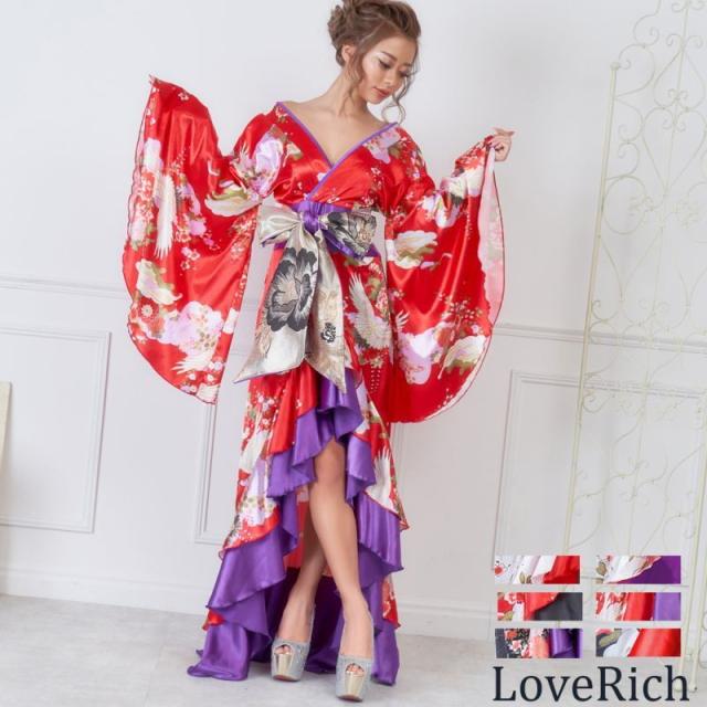 LoveRich ラブリッチ サテン和柄フリルロング着物ドレス 衣装 ダンス よさこい 花魁 コスプレ キャバドレス [0712]_3