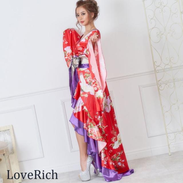 LoveRich ラブリッチ サテン和柄フリルロング着物ドレス 衣装 ダンス よさこい 花魁 コスプレ キャバドレス [0712]_4