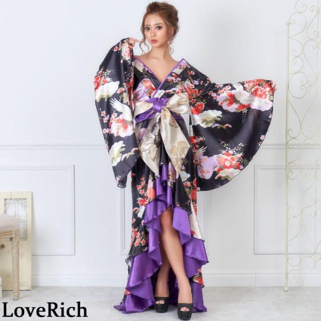 LoveRich ラブリッチ サテン和柄フリルロング着物ドレス 衣装 ダンス よさこい 花魁 コスプレ キャバドレス [0712]_6