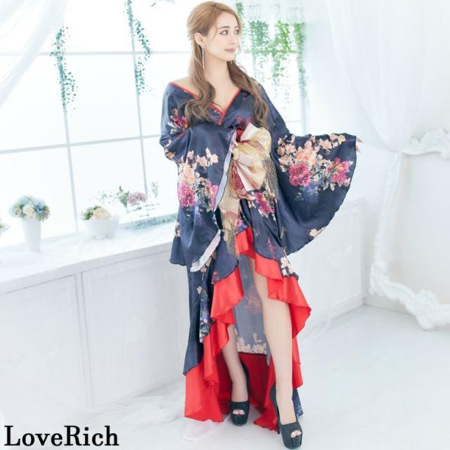 LoveRich ラブリッチ 【5カラー/3点セット】フリル 豪華 蝶々柄 花魁 着物 ドレス イベント コスプレ キャバドレス ハロウィン [0755]_1