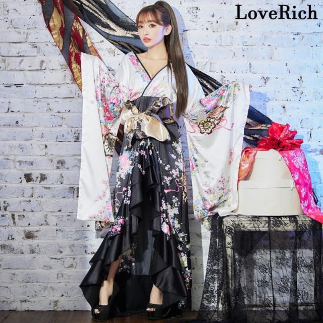 LoveRich ラブリッチ 【高級ライン】ツートンカラー 和柄 フリル 豪華 花柄 ロング 美脚 帯 リボン 花魁 着物 ドレス コスプレ イベント ハロウィン [1180]_3