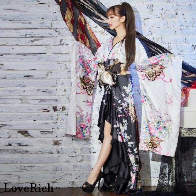 LoveRich ラブリッチ 【高級ライン】ツートンカラー 和柄 フリル 豪華 花柄 ロング 美脚 帯 リボン 花魁 着物 ドレス コスプレ イベント ハロウィン [1180]_4