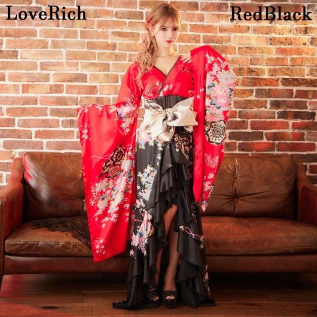 LoveRich ラブリッチ 【高級ライン】ツートンカラー 和柄 フリル 豪華 花柄 ロング 美脚 帯 リボン 花魁 着物 ドレス コスプレ イベント ハロウィン [1180]_5