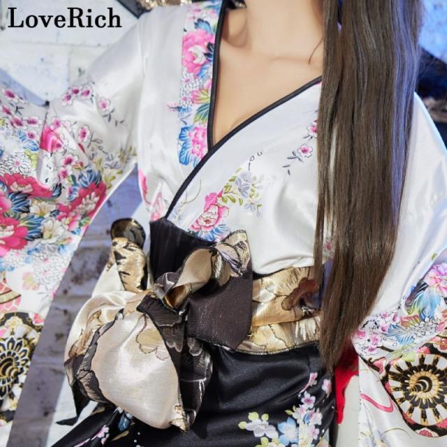 LoveRich ラブリッチ 【高級ライン】ツートンカラー 和柄 フリル 豪華 花柄 ロング 美脚 帯 リボン 花魁 着物 ドレス コスプレ イベント ハロウィン [1180]_8