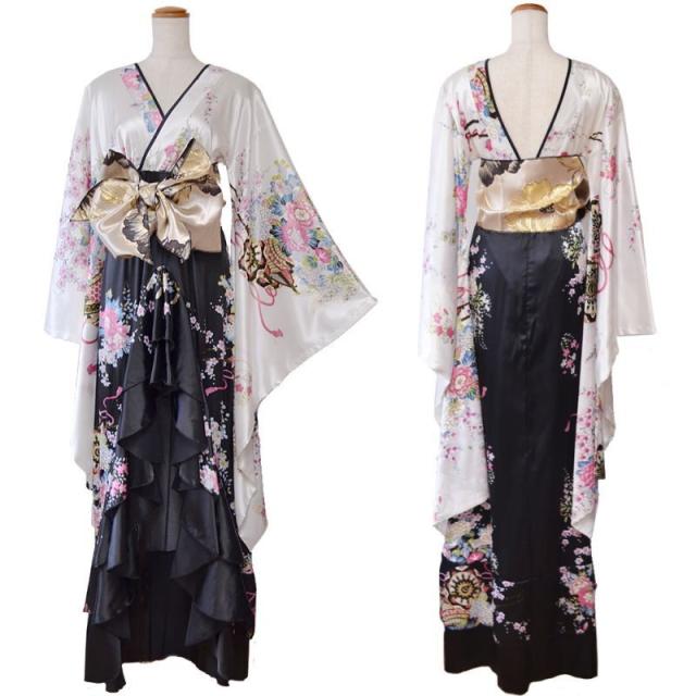 LoveRich ラブリッチ 【高級ライン】ツートンカラー 和柄 フリル 豪華 花柄 ロング 美脚 帯 リボン 花魁 着物 ドレス コスプレ イベント ハロウィン [1180]_11