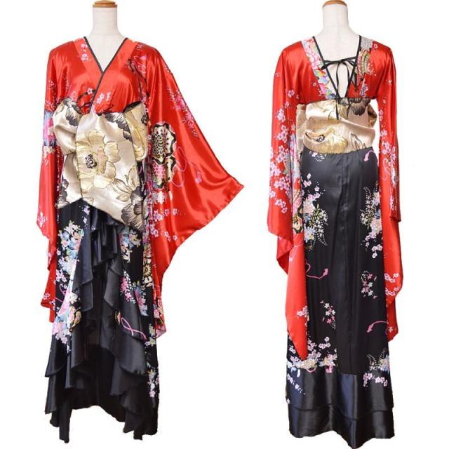 LoveRich ラブリッチ 【高級ライン】ツートンカラー 和柄 フリル 豪華 花柄 ロング 美脚 帯 リボン 花魁 着物 ドレス コスプレ イベント ハロウィン [1180]_12
