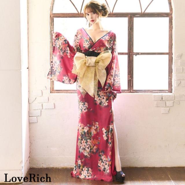 LoveRich ラブリッチ 小花柄 スリット オフショル ロング 豪華 帯 リボン 花魁 着物 ドレス コスプレ イベント ハロウィン [0958]_7