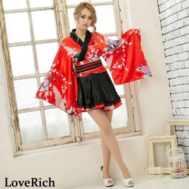 LoveRich ラブリッチ サテン和柄フリル花魁ミニ着物ドレス 和柄