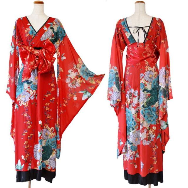 LoveRich ラブリッチ 【高級ライン】 花柄 ロングINミニスカート シフォン 豪華 帯 リボン 花魁 着物 ドレス コスプレ イベント ハロウィン [1216] LoveRich ラブリッチ 【高級ライン】 花柄 ロングINミニスカート