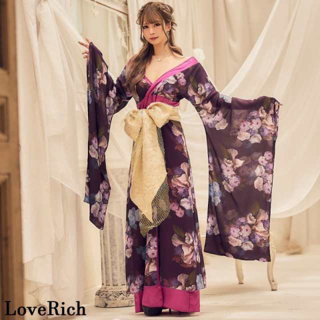 LoveRich ラブリッチ 花柄 ラメ ロング 豪華 帯 リボン 花魁 着物 ...