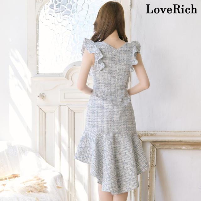 LoveRich ラブリッチ ツイード マーメイドライン ミディアム丈 フリルショルダー Vネック タイト ミニドレス キャバドレス [1243]_12