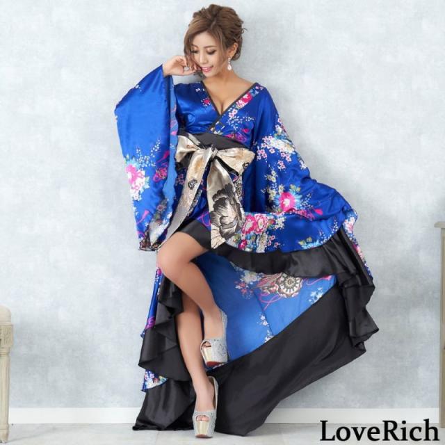 LoveRich ラブリッチ 【5カラー】サテン和柄フリルロング着物ドレス 衣装 ダンス よさこい 花魁 コスプレ キャバドレス [0680]_1