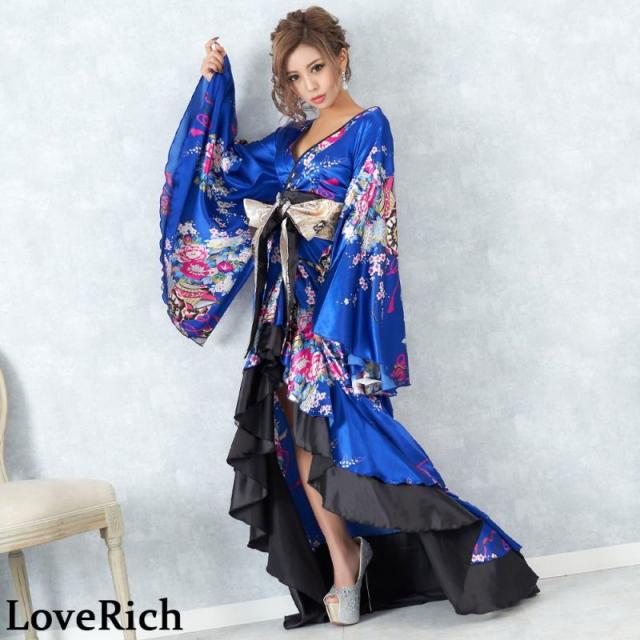 LoveRich ラブリッチ 【5カラー】サテン和柄フリルロング着物ドレス 衣装 ダンス よさこい 花魁 コスプレ キャバドレス [0680]_2