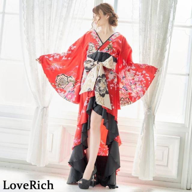 LoveRich ラブリッチ 【5カラー】サテン和柄フリルロング着物ドレス 衣装 ダンス よさこい 花魁 コスプレ キャバドレス [0680]_4