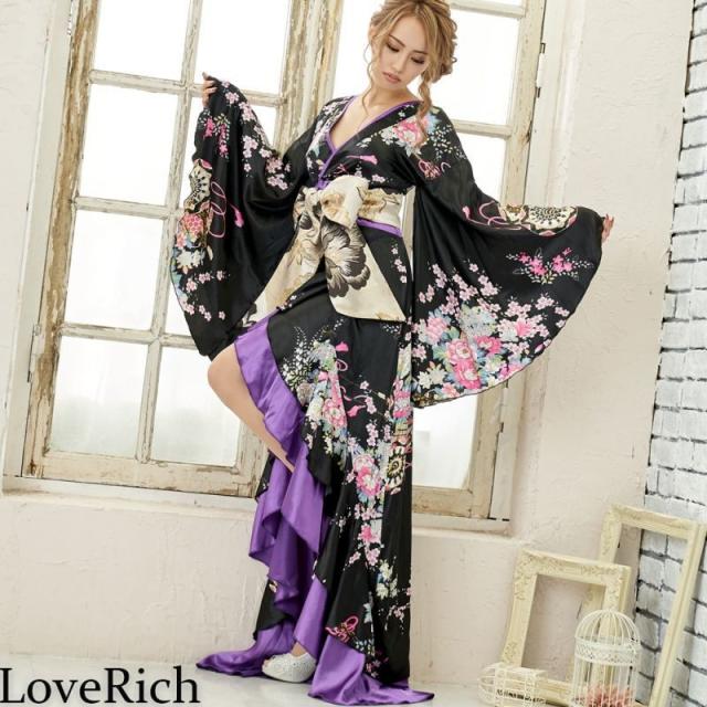 LoveRich ラブリッチ 【5カラー】サテン和柄フリルロング着物ドレス 衣装 ダンス よさこい 花魁 コスプレ キャバドレス [0680]_7