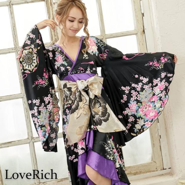 LoveRich ラブリッチ 【5カラー】サテン和柄フリルロング着物ドレス 衣装 ダンス よさこい 花魁 コスプレ キャバドレス [0680]_8