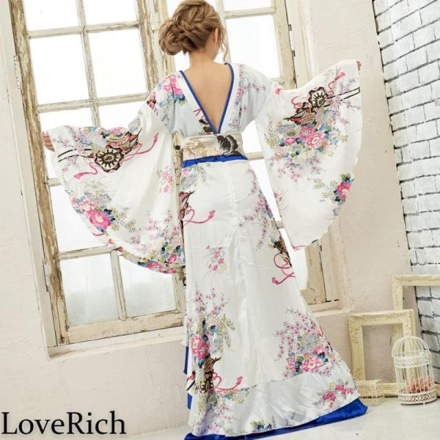 LoveRich ラブリッチ 【5カラー】サテン和柄フリルロング着物ドレス