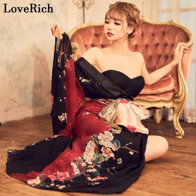 LoveRich ラブリッチ 【高級ライン】アシンメトリー 花柄 レース ロング 豪華 帯 リボン 花魁 着物 ドレス コスプレ イベント ハロウィン [0935]_3