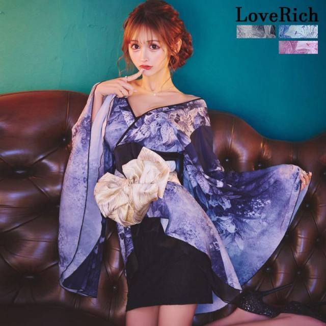 LoveRich ラブリッチ 【SMLサイズ/3カラー/2点セット】百合 花柄 レース ミニスカート オフショル 美胸 美脚 豪華 帯 花魁 着物 ドレス コスプレ イベント[1279]