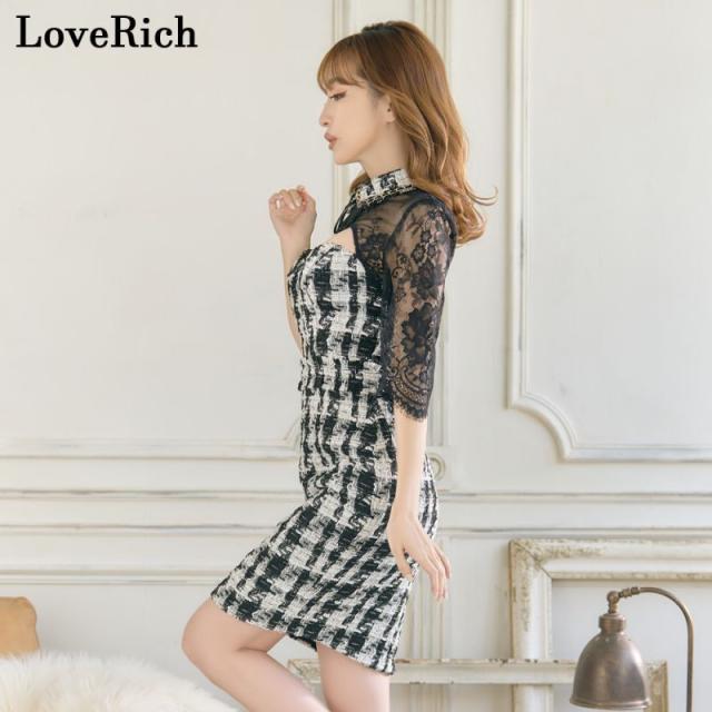 LoveRich ラブリッチ 【SMLサイズ】ツイード チェーン 襟 レース チェック柄 袖あり 谷間魅せ タイト ミニドレス キャバドレス [1236]_3