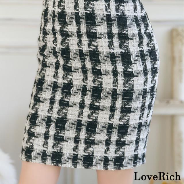 LoveRich ラブリッチ 【SMLサイズ】ツイード チェーン 襟 レース チェック柄 袖あり 谷間魅せ タイト ミニドレス キャバドレス [1236]_5